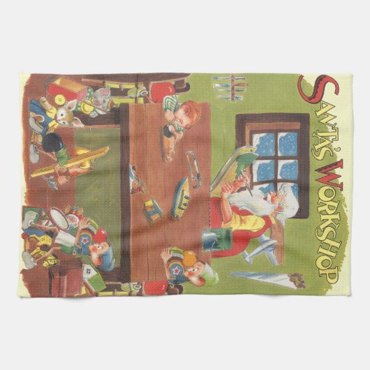 ワークショップに小人が参加したヴィンテージクリスマスサンタ キッチンタオル (横)