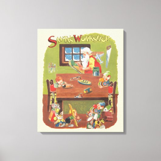 ワークショップに小人が参加したヴィンテージクリスマスサンタ キャンバスプリント (正面)