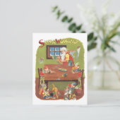 ワークショップに小人が参加したヴィンテージクリスマスサンタ シーズンポストカード (スタンド正面)