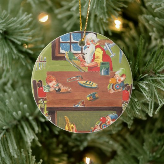 ワークショップに小人が参加したヴィンテージクリスマスサンタ セラミックオーナメント (ツリー)