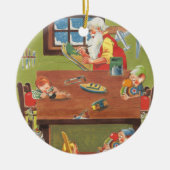 ワークショップに小人が参加したヴィンテージクリスマスサンタ セラミックオーナメント (正面)