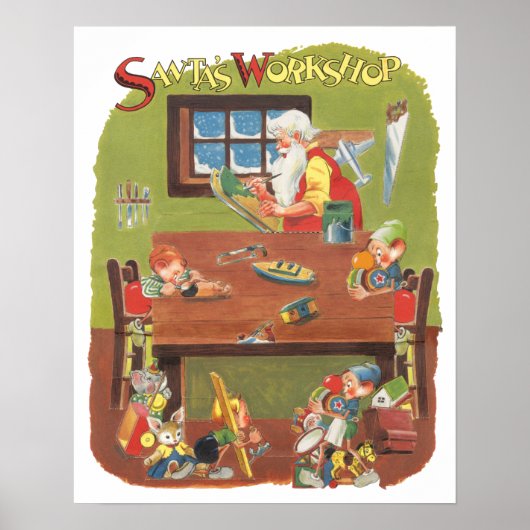 ワークショップに小人が参加したヴィンテージクリスマスサンタ ポスター (正面)