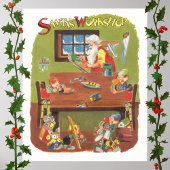 ワークショップに小人が参加したヴィンテージクリスマスサンタ ポスター