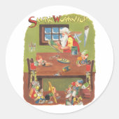 ワークショップに小人が参加したヴィンテージクリスマスサンタ ラウンドシール (正面)