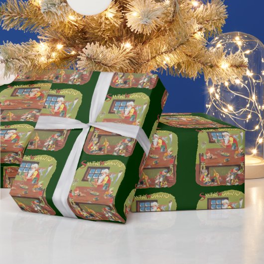 ワークショップに小人が参加したヴィンテージクリスマスサンタ ラッピングペーパー (クリスマス)
