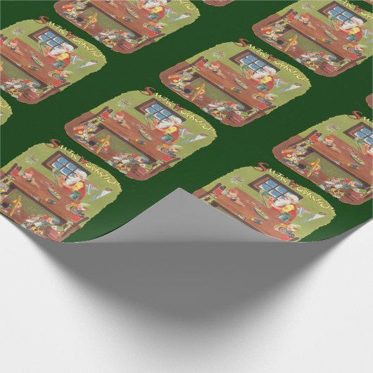 ワークショップに小人が参加したヴィンテージクリスマスサンタ ラッピングペーパー (角)