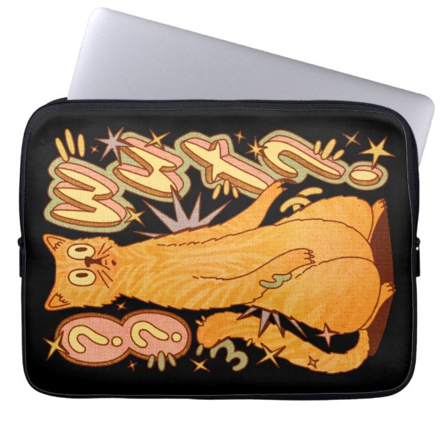 ワーッ？オレンジキャットイラストレーション ラップトップスリーブ (正面)