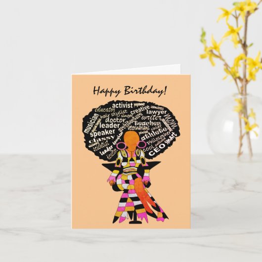 ワードアートアフロレディーアフリカンアメリカンハッピーバースデー カード (黄色い花)