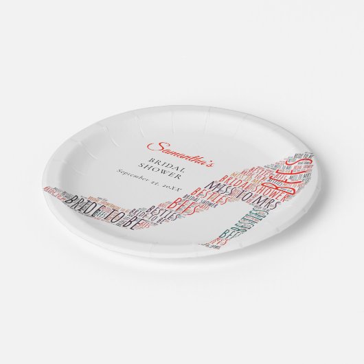 ワードアートスティレット名レッド文字日付ブライダルシャワー ペーパープレート (アングル)