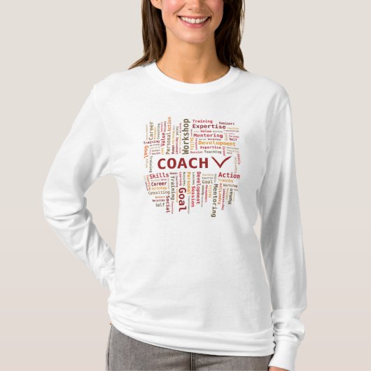ワードクラウドコーチスキルの専門知識 – 赤オレンジ Tシャツ (正面)