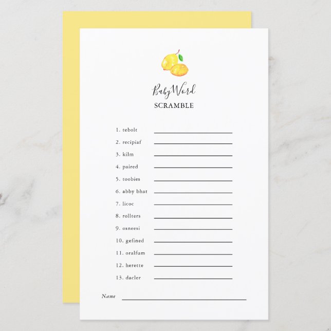 ワードスクランブルレモンベビーシャワーゲーエレガントム (正面/裏面)