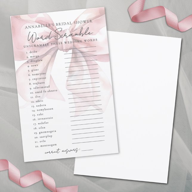 ワードスクランブル　（赤面）ピンクの弓 結婚前のお茶会ゲーム (Word Scramble Blush Pink Bow Bridal Shower Game)