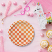 ワープチェックオレンジ調パターン ペーパープレート (パーティー)