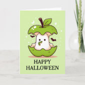 ワームのハロウィンと緑のリンゴのかわいい幽霊 カード (正面)