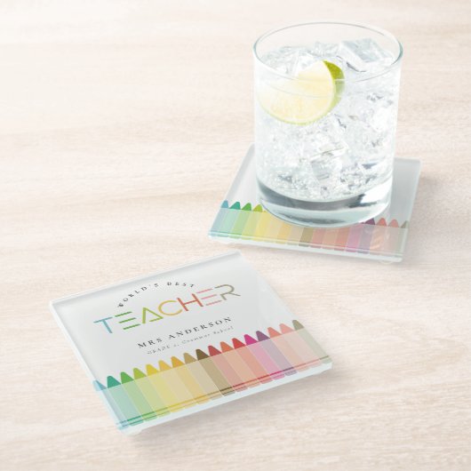 ワールドの最高の先生レインボークレヨンカラー ガラスコースター (アングル)