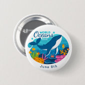 ワールドオーシャンズデイブルーホエールフィッシュサンゴカスタム文字 缶バッジ (正面&裏面)