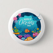 ワールドオーシャンズデイ水中魚シーンカスタム文字 缶バッジ (正面)