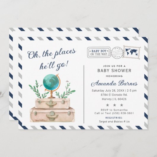 ワールドシャワー周辺の旅行アドベンチャー男の赤ちゃん 招待状 (正面/裏面)