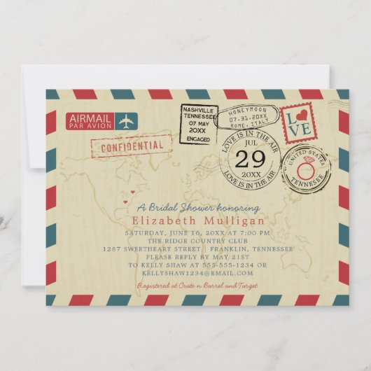ワールドトラベラーエアメールテネシーブライダルシャワー 招待状 (正面)