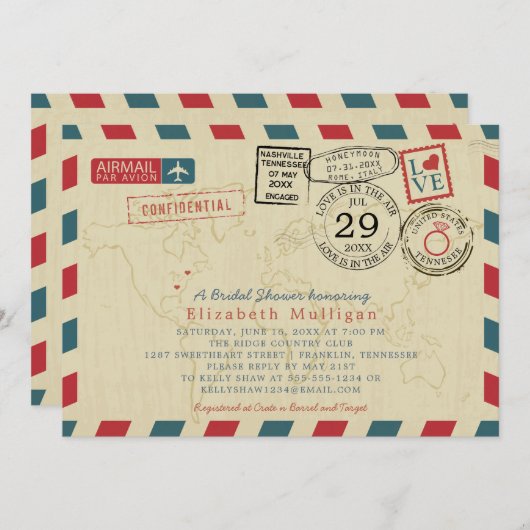 ワールドトラベラーエアメールテネシーブライダルシャワー 招待状 (正面/裏面)