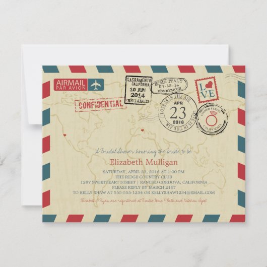 ワールドトラベラーエアメール | カリフォルニアブライダルシャワー 招待状 (正面)