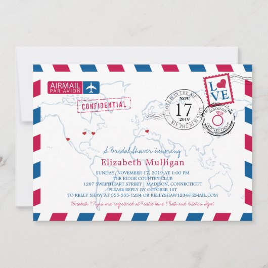 ワールドトラベラーエアメール |ブライダルシャワー 招待状 (正面)