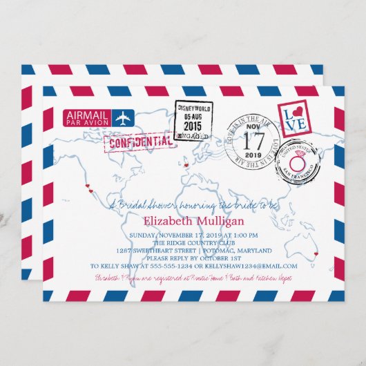ワールドトラベラーエアメール |ブライダルシャワー 招待状 (正面/裏面)