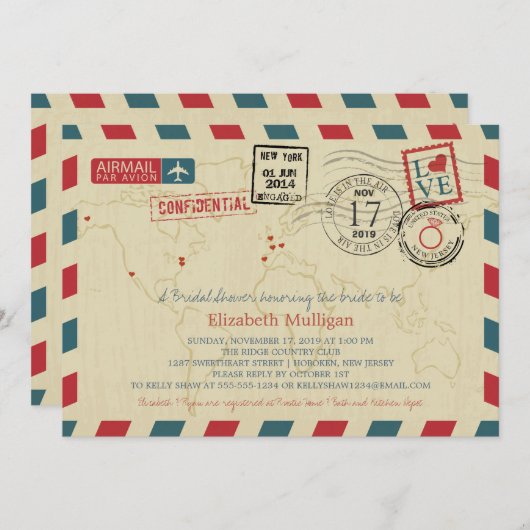 ワールドトラベラーエアメール |ブライダルシャワー 招待状 (正面/裏面)
