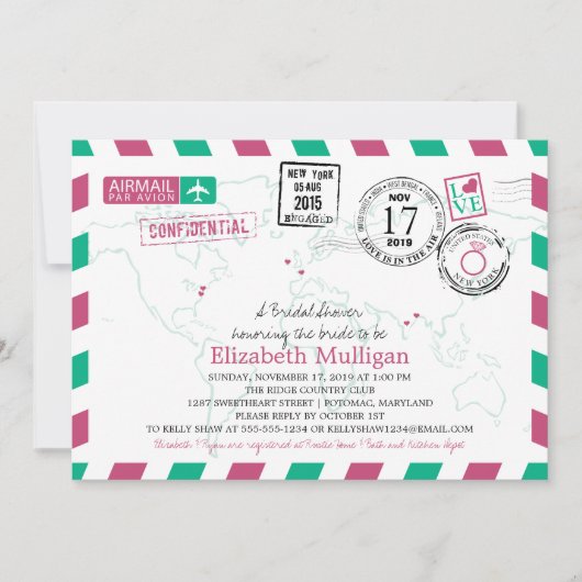 ワールドトラベラーエアメール |ブライダルシャワー 招待状 (正面)