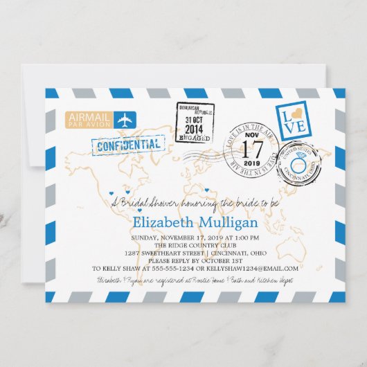 ワールドトラベラーエアメール |ブライダルシャワー 招待状 (正面)