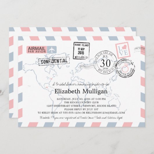 ワールドトラベラーエアメール |ブライダルシャワー 招待状 (正面/裏面)
