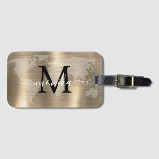 ワールドトラベラーゴールドフォイルマップカスタムモノグラム名 ラゲッジタグ (正面横)