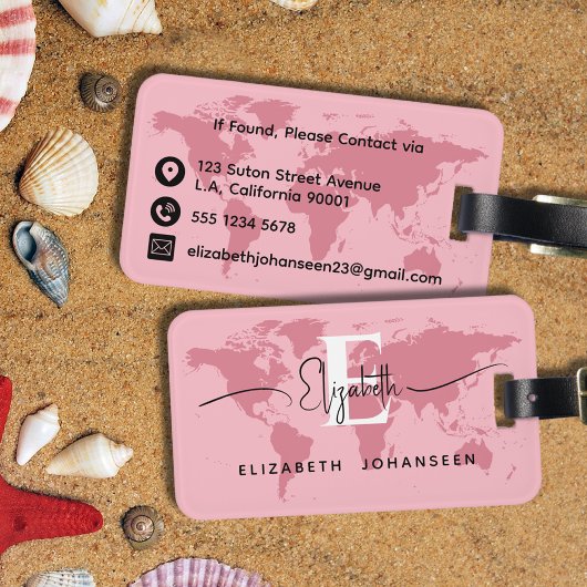 ワールドトラベラーピンクマップモダンモノグラムガーリー名 ラゲッジタグ