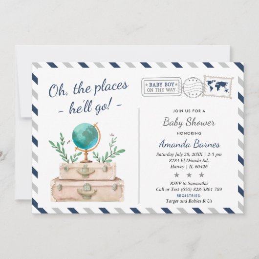 ワールドトラベルアドベンチャー男の赤ちゃんシャワー 招待状 (正面)