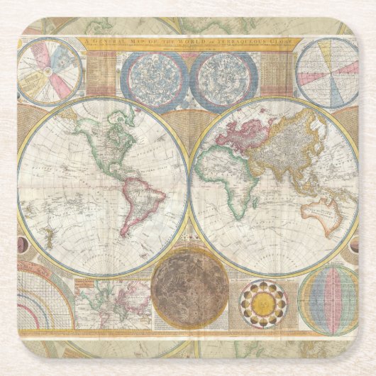 ワールドトラベルマップアンティークヴィンテージ スクエアペーパーコースター (正面)