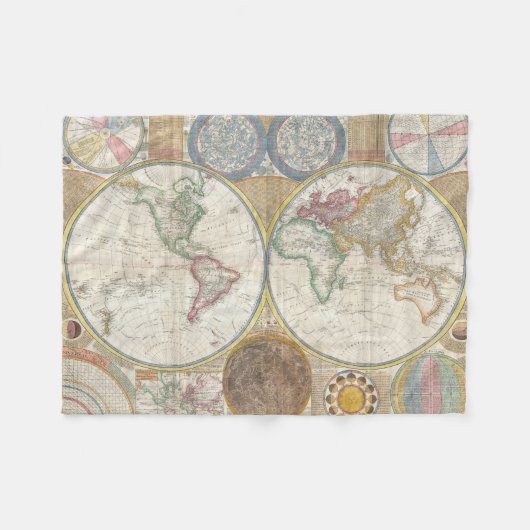 ワールドトラベルマップアンティークヴィンテージ フリースブランケット (正面(横))