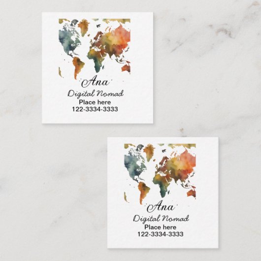 ワールドマップあなたの名前を追加文字場所市内電話 スクエア名刺 (正面/裏面)