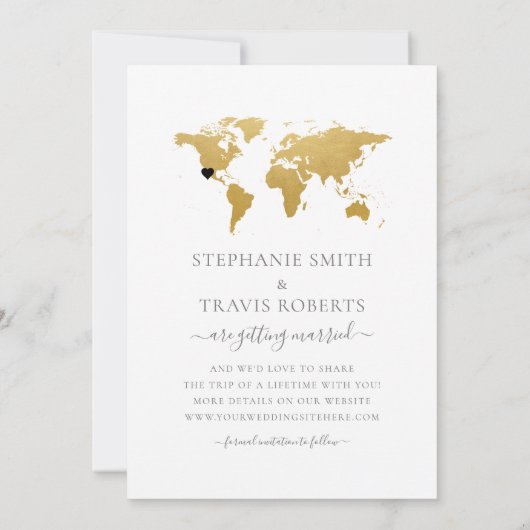 ワールドマップとハートの目的地のウェディングフォト セーブザデート (裏面)