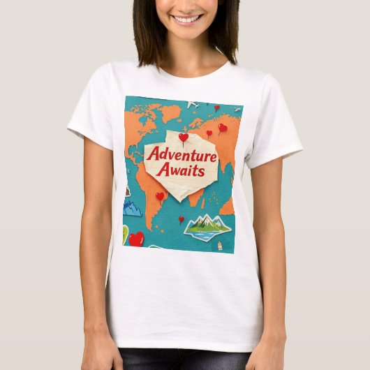 ワールドマップをハートピンで移動 Tシャツ (正面)