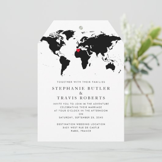 ワールドマップデスティネーションウェディング招待状B&Wラベル (スタンド正面)