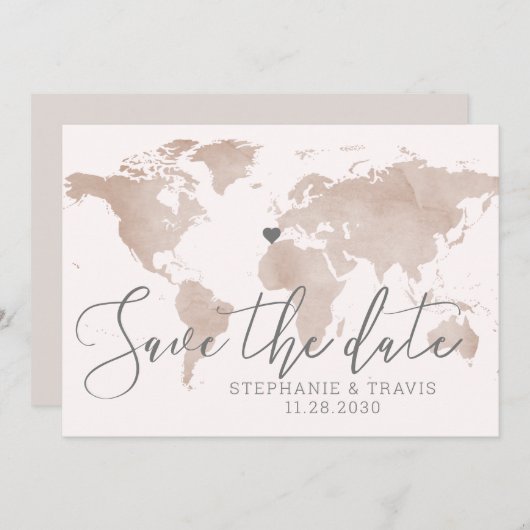ワールドマップデスティネーションウェディング日付タンを保存 案内状 (正面/裏面)