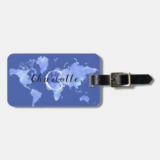 ワールドマップブルー旅行カスタムモノグラム名 ラゲッジタグ (正面横)