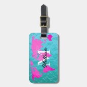 ワールドマップモノグラムティール(緑がかった色)ブルーピンクゴールドフォイルクール ラゲッジタグ (正面縦)