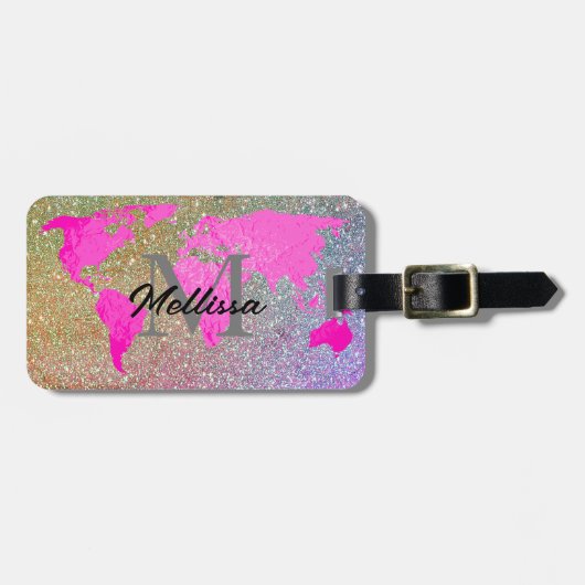 ワールドマップモノグラムトラベラーズピンク金ゴールドクールグリッター ラゲッジタグ (正面横)