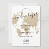 ワールドマップライト金ゴールドグリッターシックス結婚クリプト 招待状 (正面)