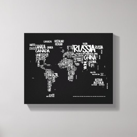 ワールドマップ手書きタイポグラフィ、白黒 キャンバスプリント (正面)