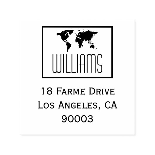 ワールドマップ(差出人住所、正方形の黒/白) セルフインキングスタンプ (デザイン)