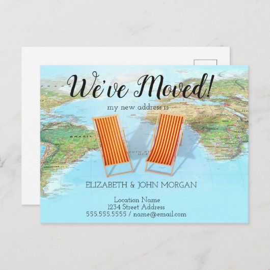 ワールドマップ、椅子、新しいアドレスのお知らせ 案内ポストカード (正面/裏面)