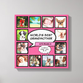 ワールド最高のおばあちゃんおもしろいピンク写真コラージュ キャンバスプリント