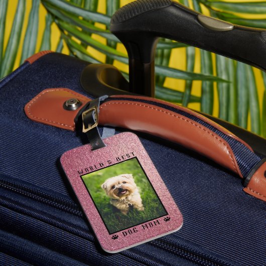 ワールド最高のズドッグ母は手のバラ金ゴールドグリッター写真 ラゲッジタグ (正面インサイチュ1)